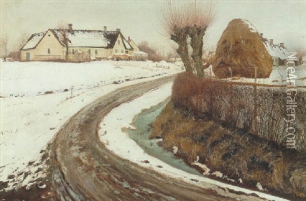 Vejen Ind Til Byen - Vinterdag Med Sne Oil Painting - Laurits Andersen Ring