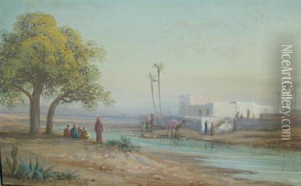 Figures And Camels Before Awalled City Oil Painting - Johann Josef Anton Huber