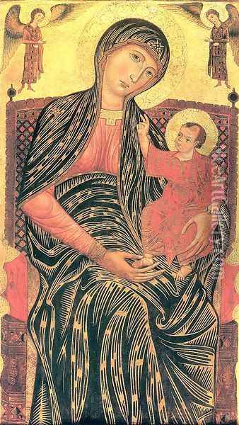 Madonna and Child Enthroned with Two Angels 1260s or 70s Oil Painting - Master of Magdalen