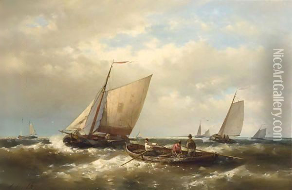 Fishing Boats In Choppy Seas Oil Painting - Abraham Hulk Jun.