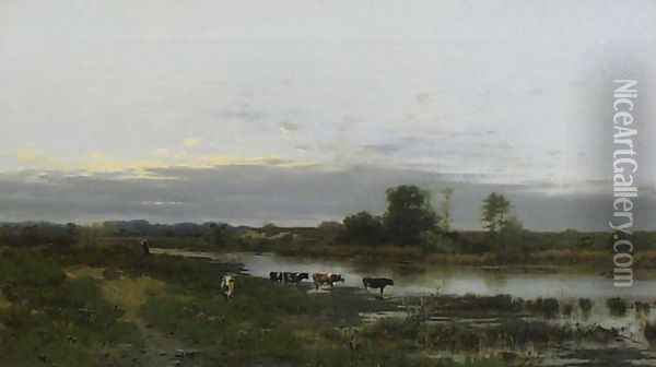 Evening Landscape at the River Oil Painting - Roman Kochanowski