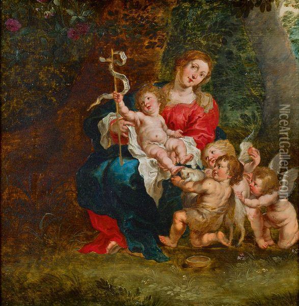 Vierge A L'enfant Avec Saint Jean-baptiste Et Les Anges Oil Painting - Simon de Vos
