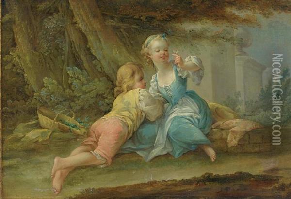 A Young Boy And Girl Admiring A Butterfly In A Classical Garden Oil Painting - Jean-Baptiste Huet I