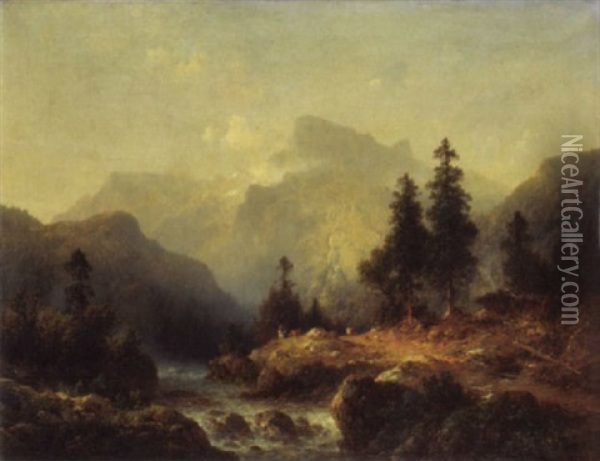 Berglandschaft Mit Wildbach Und Viehhirt Oil Painting - Julius Lange