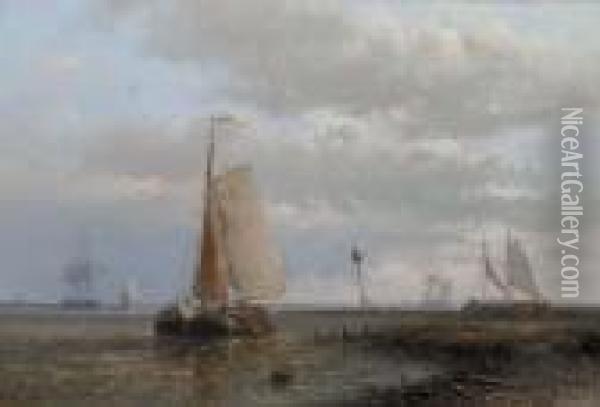 Sailingbarges In An Estuary Oil Painting - Abraham Hulk Jun.
