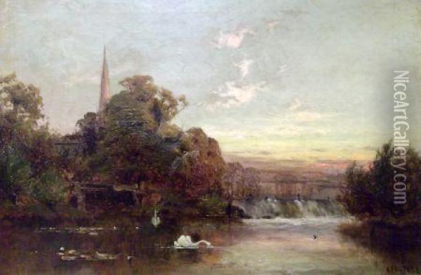 River Landscape With Swans 
Church To Distance Oil Painting - Alfred de Breanski
