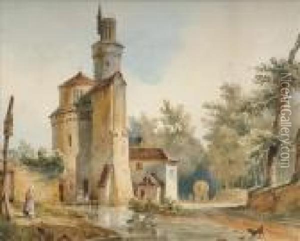 A Frenchriver Scene With Tower Oil Painting - Francois Antoine Bossuet