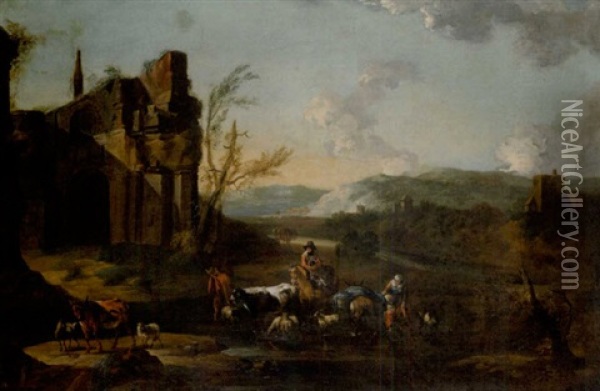 Drovers With Cattle And Sheep Fording A Stream With Ruins Beyond Oil Painting - Abraham Jansz. Begeyn