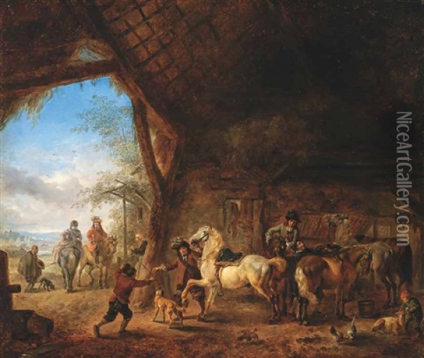 Aufbruch Der Reiter (after Philip Wouverman) Oil Painting - Heinrich Buerkel