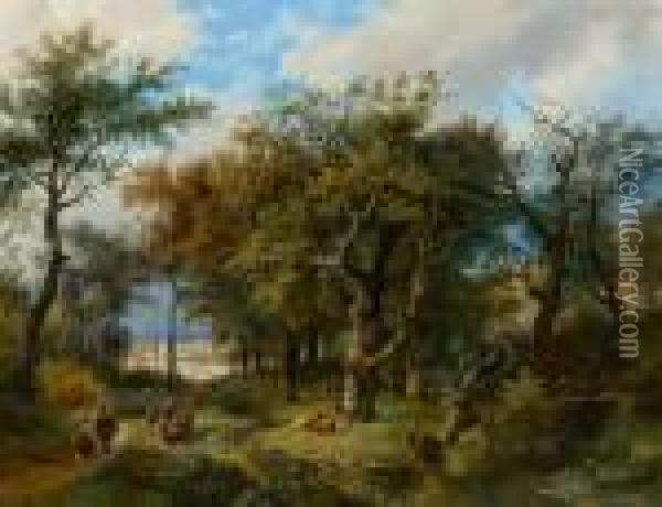 Forest Landscape With Shepherds And Flock. Oil Painting - Johann Bernard Klombeck