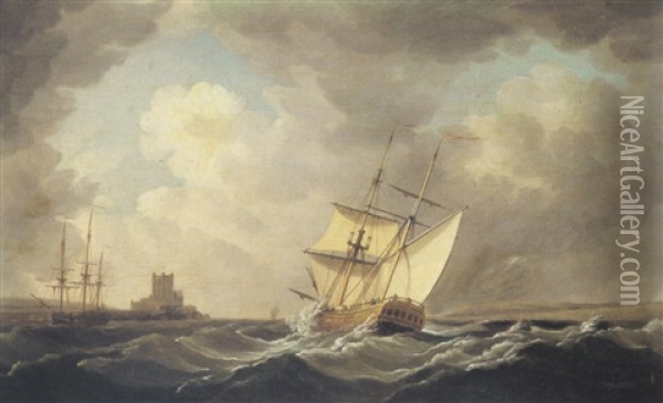 A British Man Of War In Rough Seas Off The Coast Oil Painting - Charles Brooking