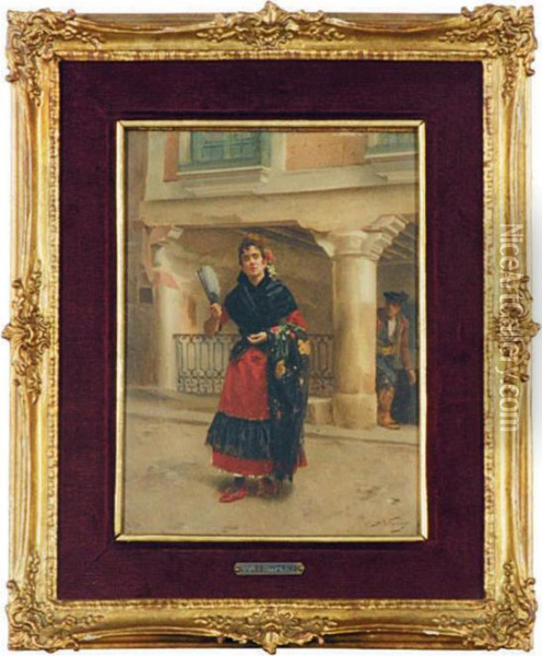 Spanish Beauty Holding A Fan Oil Painting - Jules Worms