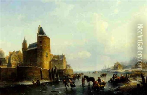Figures Skating Near A Castle Oil Painting - Johan Hendrik Meyer
