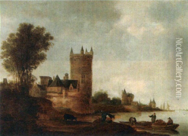 A River Landscape With Travellers In Boats, A Fortified Town Nearby Oil Painting - Frans de Hulst