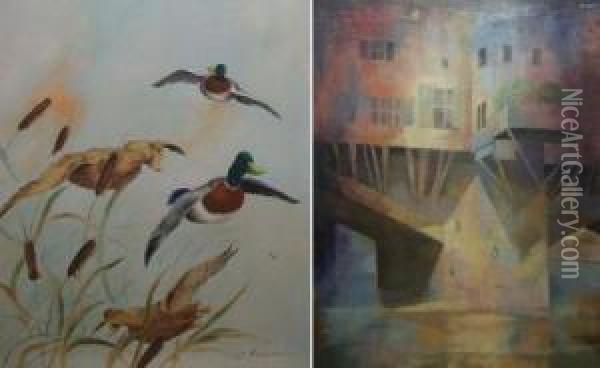 Ducks In Flight Over Reeds Oil Painting - Edward Matthew Ward