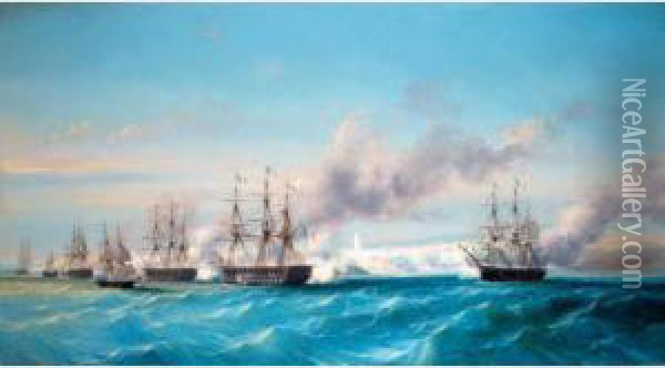The French Naval Bombardment Of Mogador, Morocco, 15th August 1844 Oil Painting - Cheri Francois Dubreuil