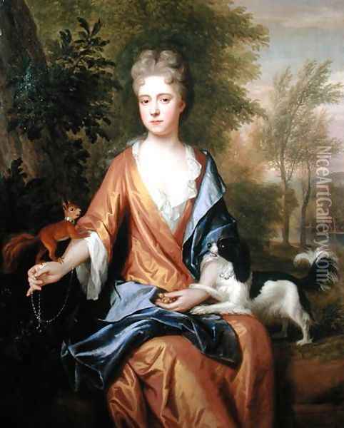 Portrait of a Lady with a Squirrel and a Spaniel Oil Painting - Frederic Kerseboom