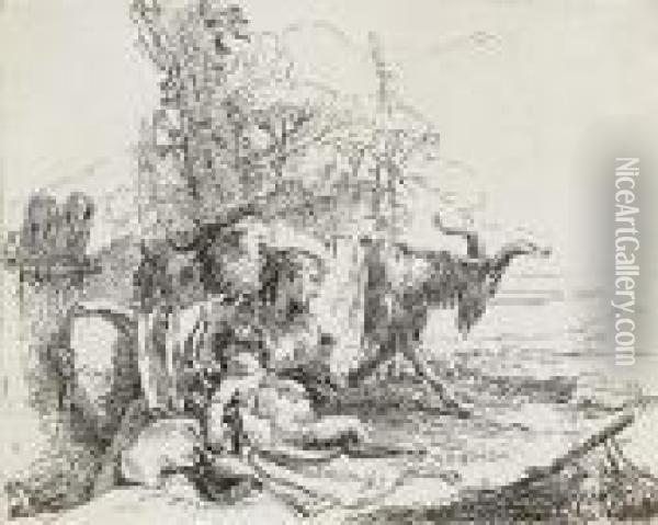 Woman, Satyr Child And Goat In A Landscape Oil Painting - Giovanni Battista Tiepolo