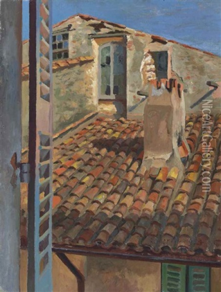 Rooftops, St Tropez Oil Painting - Roger Fry