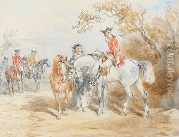 A Roadside Rest, Gentlemen Riders In 18th Century Costume Oil Painting - John Frederick Tayler