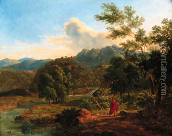 A classical landscape with a man fighting off a serpent Oil Painting - French School