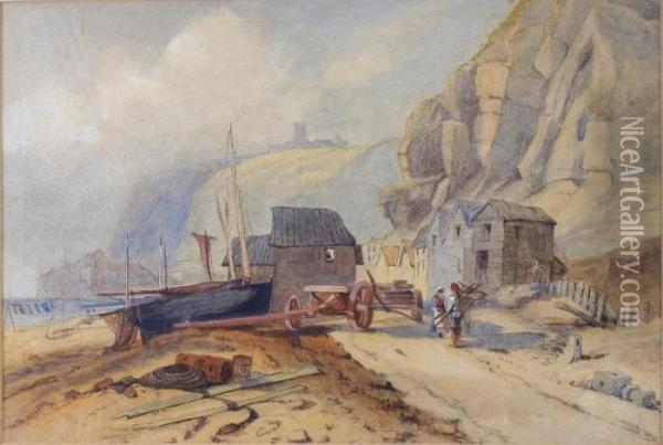 Fishermens Huts And Figures - Hastings Oil Painting - William Callow