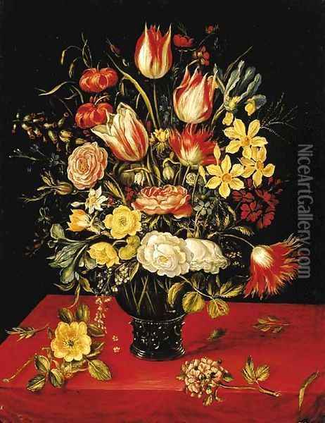 Tulips, lilies, daffodils, irises, roses, hypericum, forget-me-nots, chicory, honeysuckle and other flowers in a roemer Oil Painting - Jan van Kessel