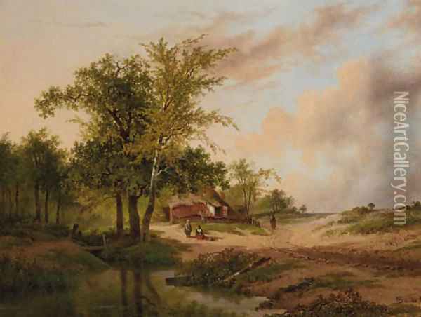 A wooded landscape with peasants at work near a cottage Oil Painting - Johannes Warnardus Bilders