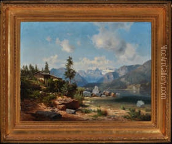 An Alpine Landscape With A Chalet By A River Oil Painting - Bernhard Girscher