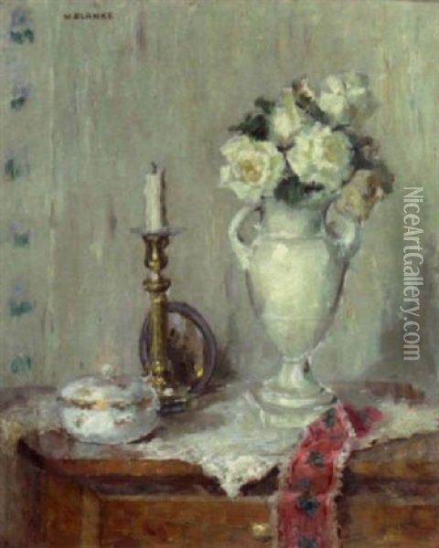 A Still Life With White Roses In A Vase On A Commode Oil Painting - Wilhelm Blanke
