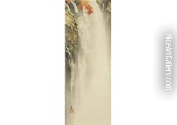 Red Leaves Waterfall Oil Painting - Shunkyo Yamamoto