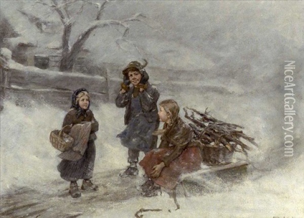 Drei Kinder Auf Verschneiter Dorfstrase Oil Painting - Albert Mueller-Lingke