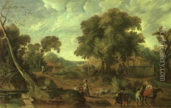 Rural Landscape With A Farmer And Other Figures Carrying Bundles Oil Painting - Pieter van der Hulst the Elder