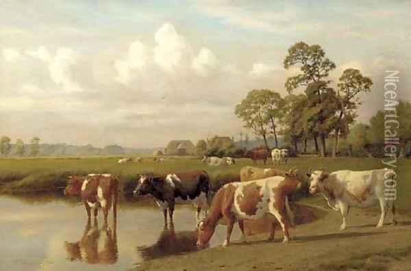Cattle watering in a meadow Oil Painting - William Sidney Cooper
