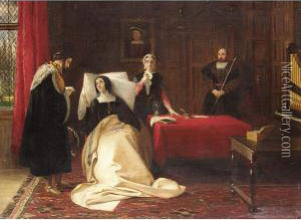 Katherine Of Aragon In Her Bed Chamer At Kimbolton Castle Oil Painting - Charles Robert Leslie