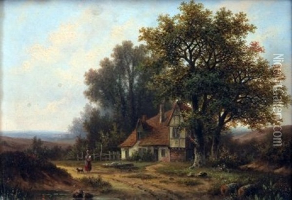 Lady And Dog In Country Landscape, Cottage Beyond Oil Painting - Hendrik Pieter Koekkoek