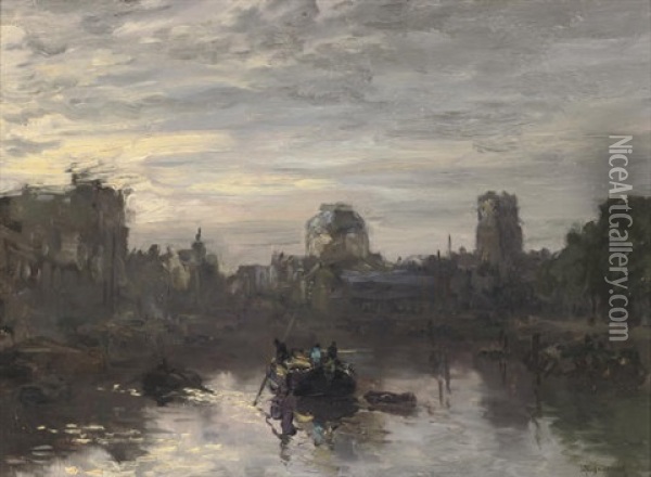 Avond Schemering - Dusk Over The Leuvehaven, Rotterdam Oil Painting - Johan Hendrik van Mastenbroek