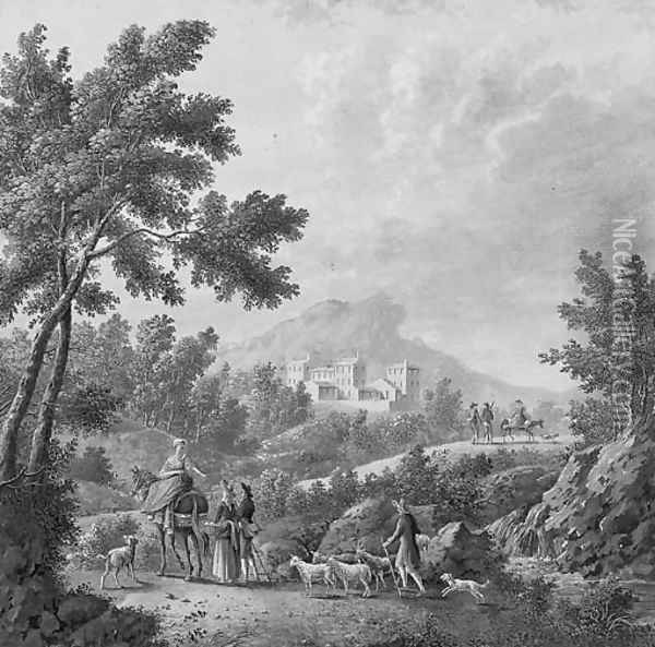 Peasants and herdsmen in an Italianate landscape Oil Painting - Zacharie-Felix Doumet