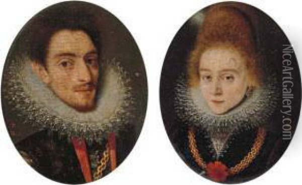 Portrait Of A Gentleman, 
Bust-length, In A Black Doublet With A Lace Ruff, And Wearing A Gold 
Chain; And Portrait Of A Lady, Bust-length, In A Black Dress With A Lace
 Trimmed Collar And Ruff And A Gold Chain With A Red Rosette Oil Painting - Frans Pourbus the younger