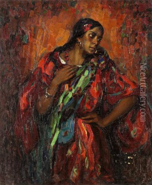 Kvinna I Rod Klanning Oil Painting - Philippe Andreevitch Maliavine