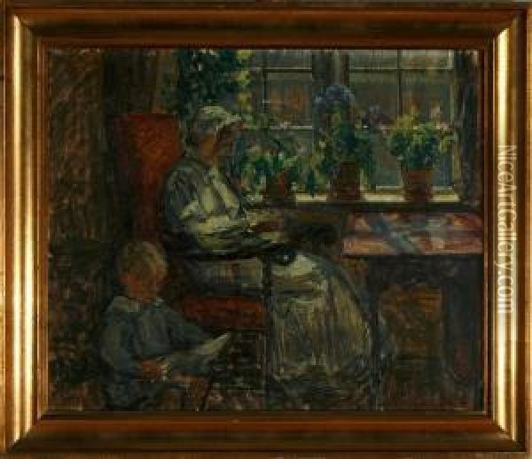 Interior With The Artists Wife And Child Oil Painting - Sigurd Wandel