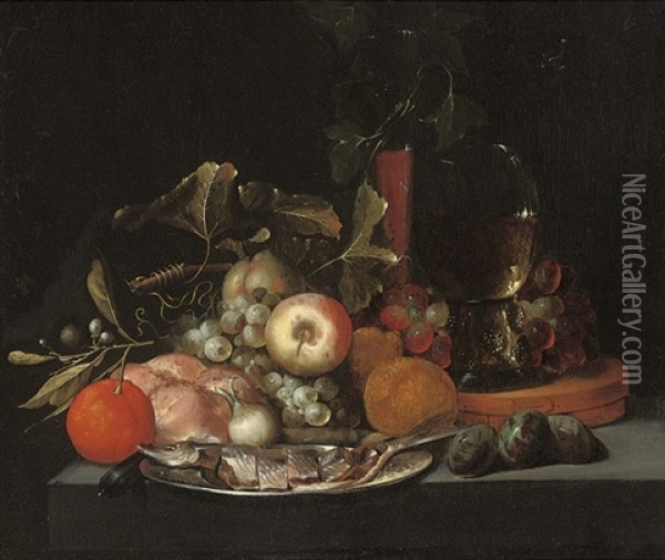A Herring On A Pewter Platter With Oranges, Figs, Apples, Grapes, A Loaf Of Bread, A Facon De Venise Glass And A Roemer Oil Painting - Jan Pauwel Gillemans The Elder