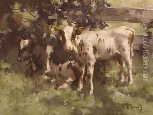 Calves Under a Tree Oil Painting - David Gould