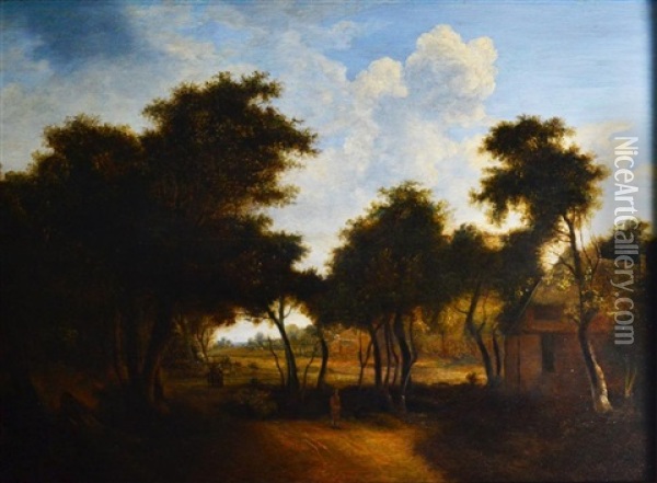 Figures By A Cottage In A Wooded Landscape Oil Painting - Meindert Hobbema