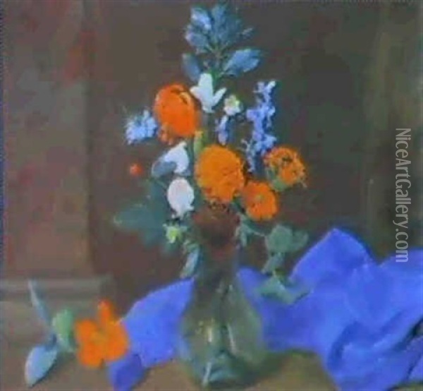 A Still Life Of Sweet Peas, Marigolds, Lichnis, Love-in-a-  Mist, Violas And Other Flowers In A Glass Vase... Oil Painting - Otto Didrik Ottesen