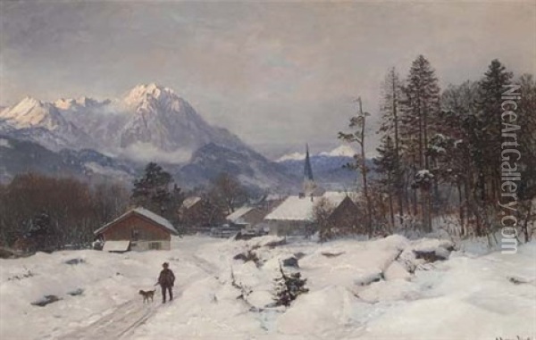 A Hunter At A Mountain Settlement Oil Painting - Anders Andersen-Lundby