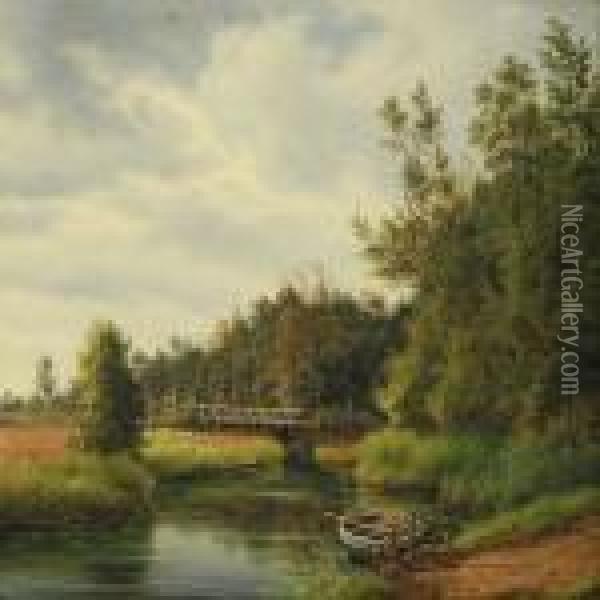 Scenery From Ry With A Man On A Bridge Oil Painting - F. C. Kiaerschou