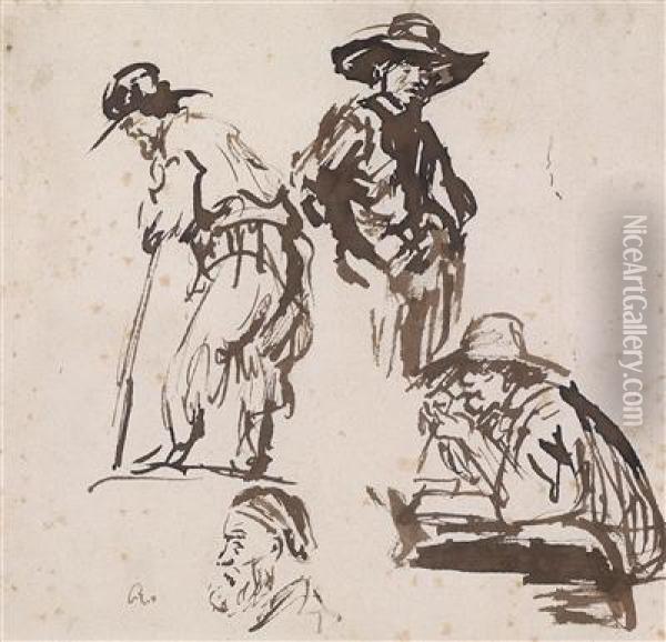 A Study Sheet With Several Figures Oil Painting - Rembrandt Van Rijn