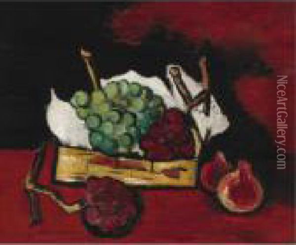Green And Purple Grapes In Basket Oil Painting - Marsden Hartley