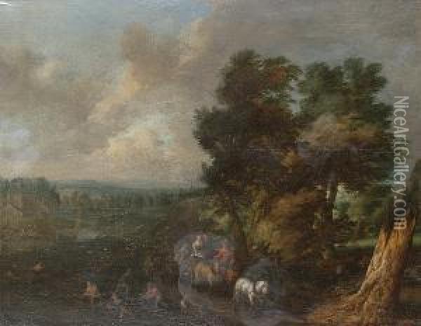 A Wooded River Landscape With 
Travellers In A Coach Passing Fishermen Hauling In Their Catch Oil Painting - Abraham Govaerts